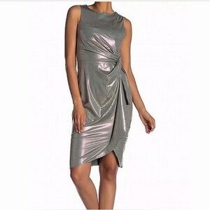 superfoxx. Metallic Faux Wrap Dress. Gold & Gray. Size medium.